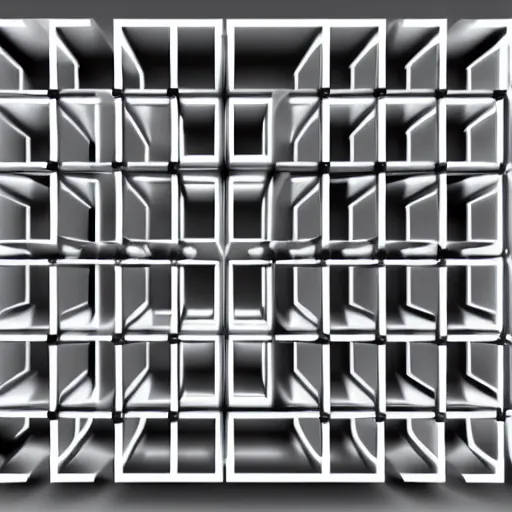 Image similar to 3D render of a 3-dimensional cubic maze made out of metal, white background,