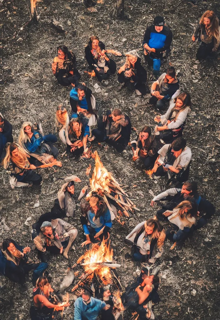 Image similar to realistic tribe gather around a bonfire with a pregnant woman as her leader, intense blue eyes, sharp, photography, antartic night, aerial race