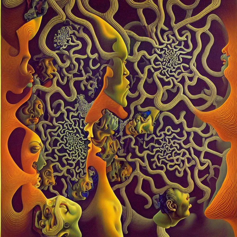 Image similar to infinite fractals forming a human face, recursion, surreal, by salvador dali and mc escher and max ernst and alex grey, oil on canvas, weird, dreams, fantasy, intricate details, soft lighting, warm colors