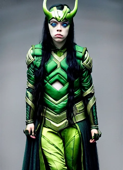 Prompt: Billie Eilish as female loki