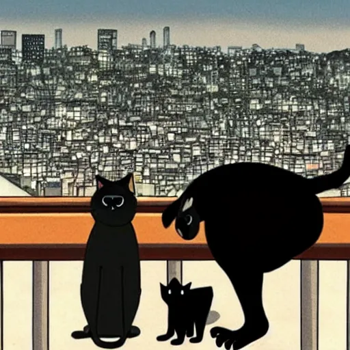 Prompt: an anthropomorphic black cat and pug dog who are in love and holding hands while looking out over a city, Miyazaki, studio ghibli