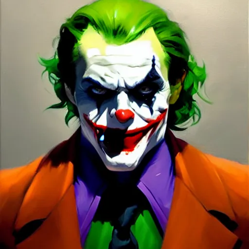 Prompt: Greg Manchess portrait painting of The Joker as Overwatch character, medium shot, asymmetrical, profile picture, Organic Painting, sunny day, Matte Painting, bold shapes, hard edges, street art, trending on artstation, by Huang Guangjian and Gil Elvgren and Sachin Teng