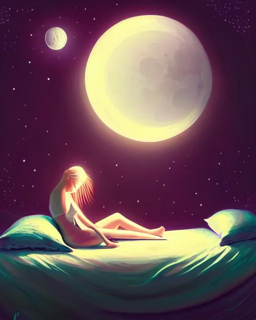 Image similar to beautiful painting of a elven sleeping on her bed with a smiling moon over her, art by mike winkelmann and by petros afshar, sky night, illustration, highly detailed, simple, smooth and clean vector curves, no jagged lines, vector art, smooth, artstation