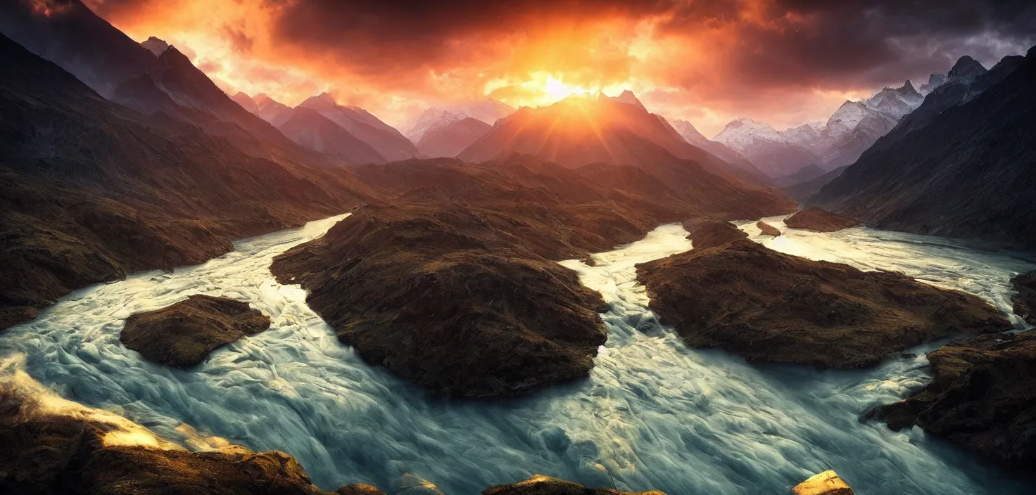 Image similar to amazing landscape photo of mountains with river in sunset by max rive, beautiful dramatic lighting