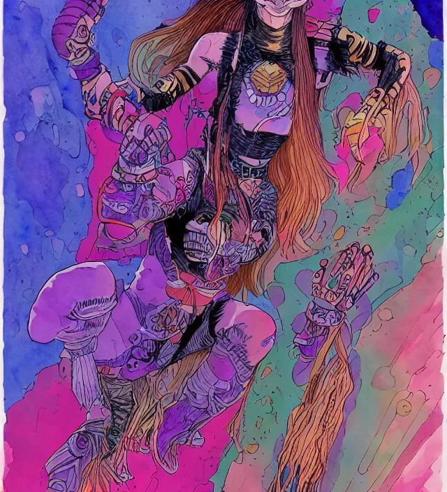 Prompt: a watercolor ink painting of female aztecian punk / raver using her mutant electrical powers in the style of jean giraud in the style of moebius trending on artstation deviantart pinterest detailed realistic hd 8 k high resolution