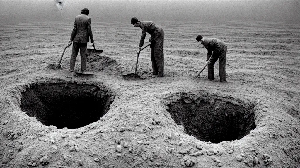 Prompt: a man digging himself out of a hole, film still from the movie directed by wes anderson with art direction by zdzisław beksinski and m. c. escher, wide lens