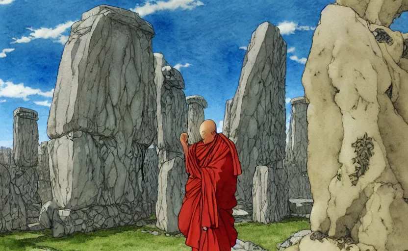 Prompt: a realistic anime watercolor fantasy concept art of a giant monk with a big forehead and a grey robe waving in stonehenge. an immense stone is floating in the air. by rebecca guay, michael kaluta, charles vess