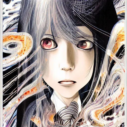 Image similar to yoshitaka amano realistic illustration of a manga girl with black eyes and long wavy white hair wearing dress suit with tie and surrounded by abstract junji ito style patterns in the background, blurry and dreamy illustration, noisy film grain effect, highly detailed, oil painting with expressive brush strokes, weird portrait angle, twin peaks color palette