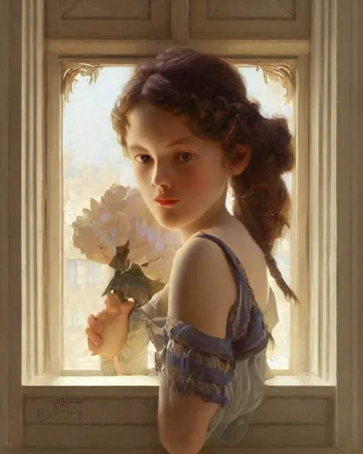 Prompt: a girl watching through a window, oil on canvas, artstation, by j. c. leyendecker and edmund blair leighton and charlie bowater, beautiful face, octane, very aesthetic!!!!!!!!!!!!!!!