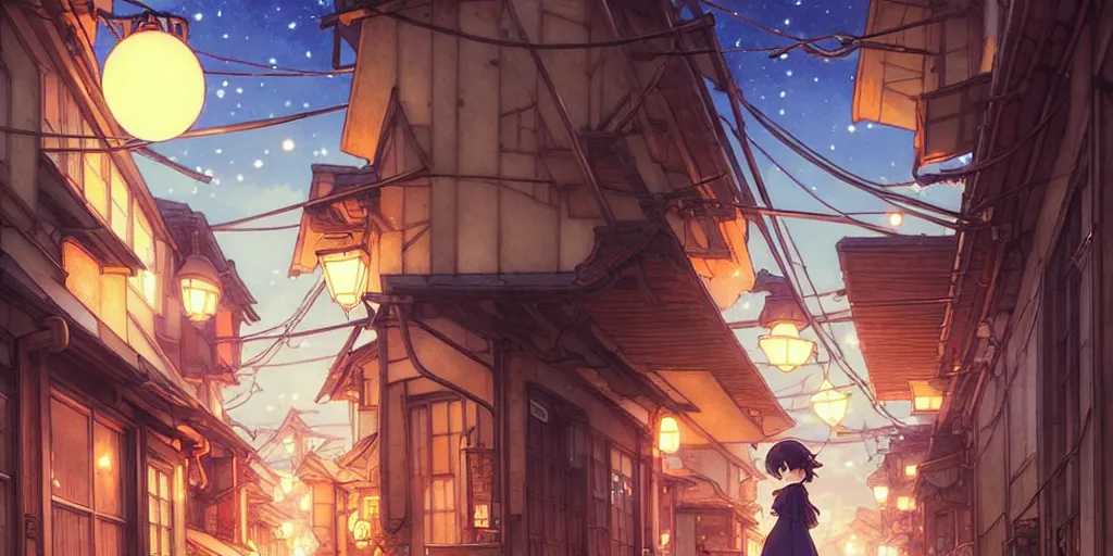 Image similar to the girl and the alley. anime visual of a cozy village, late in the evening, clear night sky. by hayao miyazaki and rossdraws and artgerm and greg rutkowski and alphonse mucha. anime production by studio ghibli. high quality, stunning, intricate detailed environment. 8 k