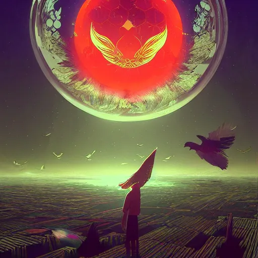 Image similar to the solarpunk phoenix, red bird, ornate egg, regeneration, landscape, epic composition, volumetric light, bokeh, painting by ilya kuvshinov and by makoto shinkai