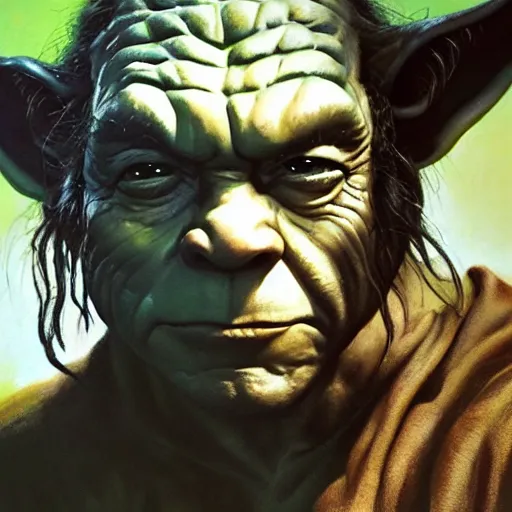 Image similar to ultra realistic portrait painting of tommy lee jones as yoda, art by frank frazetta, 4 k, ultra realistic, highly detailed, epic lighting