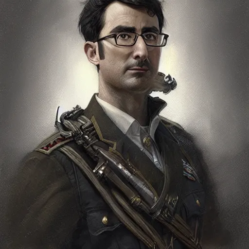 Image similar to portrait of stoic looking john oliver, military uniform, fantasy, intricate, elegant, highly detailed, centered, dark, smokey, charcoal painting, digital painting, artstation, concept art, smooth, sharp focus, illustration, art by artgerm and greg rutkowski and alphonse mucha