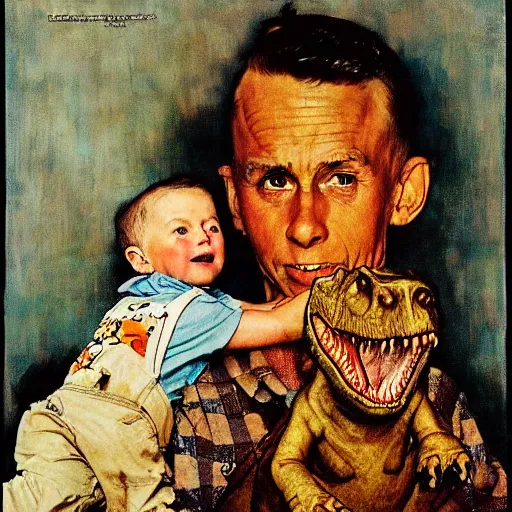 Image similar to a Norman Rockwell painting of a boy and his baby t-rex