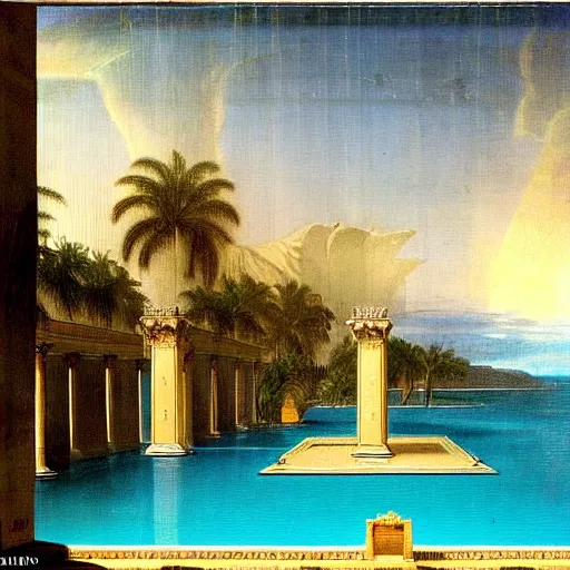 Image similar to The biggest palace ever made, thunderstorm, greek pool, beach and palm trees on the background major arcana sky, by paul delaroche, magazine photo from 2007, hyperrealistic 8k, very detailed