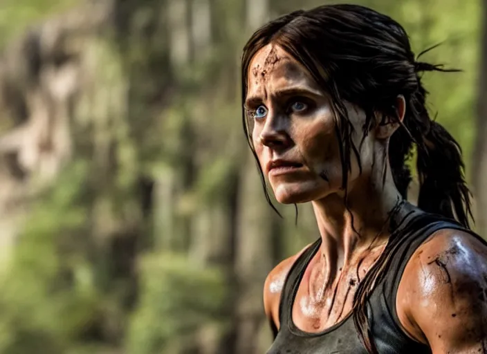 Image similar to film still of!!!! jared leto!!! as lara croft in new tomb raider movie, 8 k