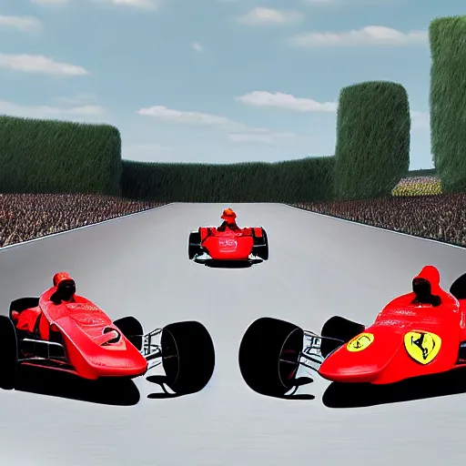 Prompt: Ferrari 2022 formula 1 car surrounded by clowns, DSRL photo, realistic