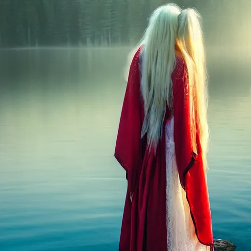 Image similar to a beautiful painting of a lady with white long hair and dressed with a red victorian cloak, seen from behind, standing in a lake, mist, morning light, dreamy atmosphere, cinematic