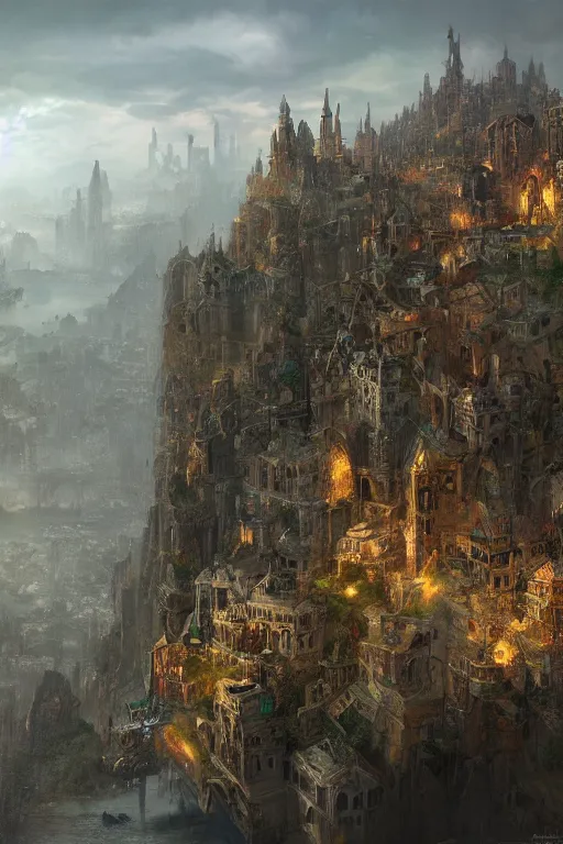 Image similar to Baroque fantasy metropolis of tall towers at the top of a cliff looking over a river, by Marc Simonetti, matte painting, concept art, chiaroscuro, trending on artstation, HD