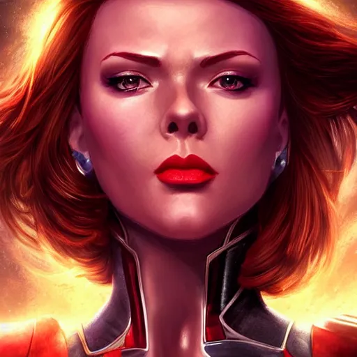 Prompt: natasha romanoff as thanos, feminine beautiful muscular fitness model wearing armor, red lips, attractive, highly detailed full body portrait, pretty face, elegant, breathtaking art, concept art, by artgerm and ilya kuvshinov