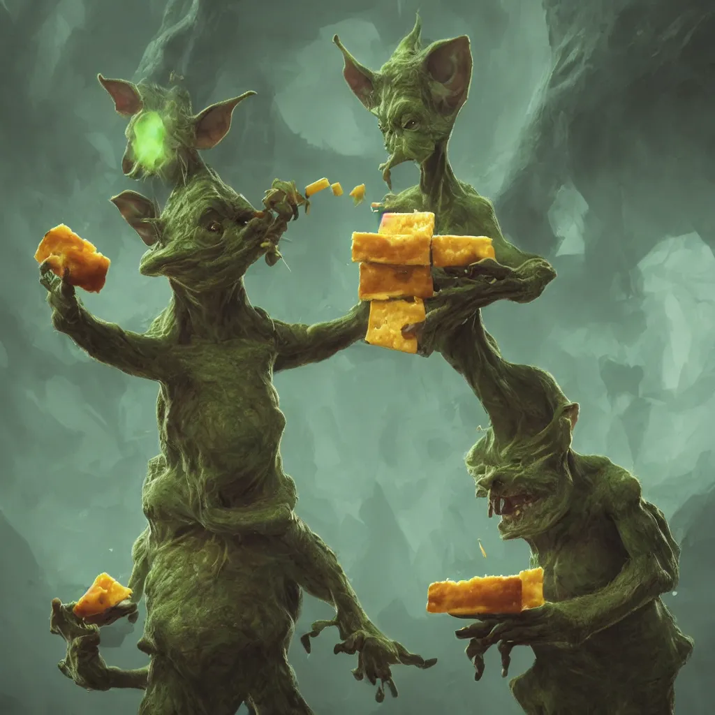 Image similar to Photorealistic fantasy painting of one single goblin holding swiss cheese. Ominous green mist in the background. Magical occult photorealism, UHD, amazing depth, glowing, golden ratio, 3D octane cycle unreal engine 5, volumetric lighting, cinematic lighting, cgstation artstation concept art