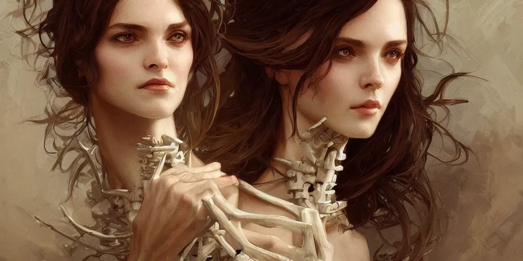 Image similar to fantasy portrait of woman made of bones, very very beautiful, elegant, highly detailed, digital painting, artstation, concept art, smooth, sharp focus, illustration, art by artgerm and greg rutkowski and alphonse mucha