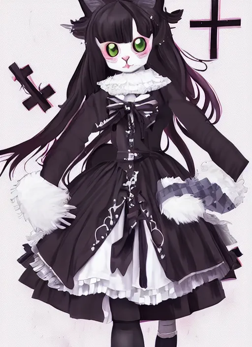 Image similar to digital painting of a cat wearing a gothic lolita dress with a cross pattern and platform boots, fursona, furry art, detailed white fur, detailed dress, makoto shinkai and akihiko yoshida and hidari and wlop