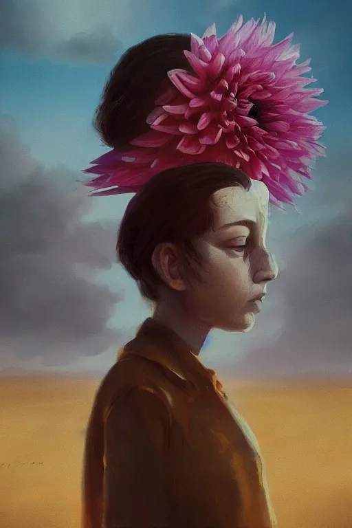 Image similar to closeup girl with huge dahlia flower face, on the beach, surreal photography, blue sky, sunrise, dramatic light, impressionist painting, digital painting, artstation, simon stalenhag