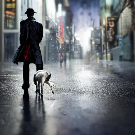 Image similar to joker walking in the rain, night life buildings, accompanied by small puppy dog in the background walking, sad mood, low angle, realistic, intricate, detailed, 4 k, 8 k, wallpaper, octane render, unreal engine, global illumination, ray tracing,