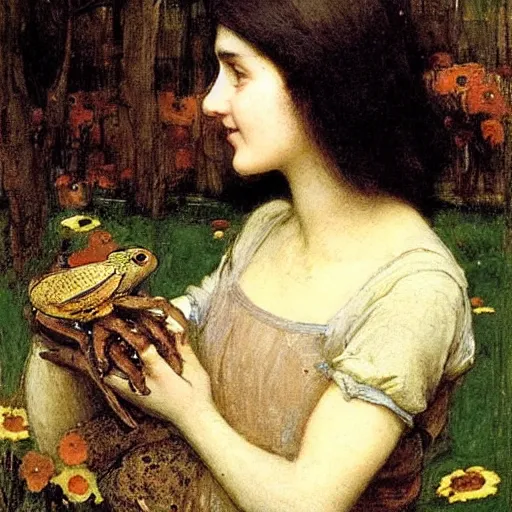 Prompt: black haired young woman holding a toad and smiling, john william waterhouse, soft lighting, romantic, love