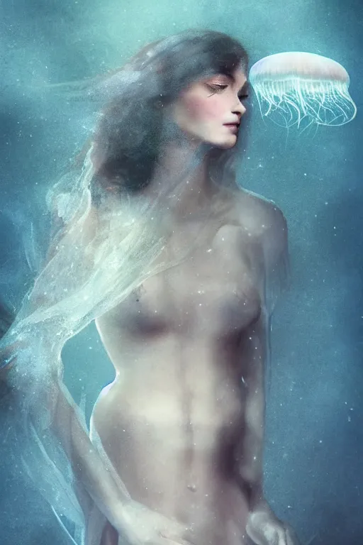 Image similar to A beautiful woman merged with a jellyfish, concept art, atmospheric, photography, magical atmosphere