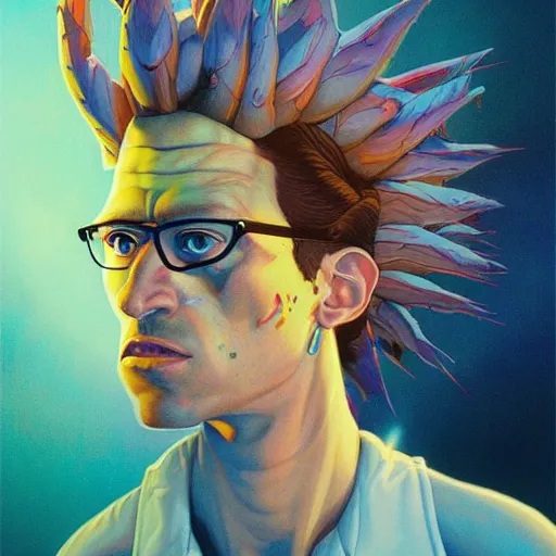 Image similar to lucky mohawk projector portrait by gaston bussierre and charles vess and james jean and erik jones and rhads, inspired by rick and morty, epic, funny, huge scale, beautiful fine face features, intricate high details, sharp, ultradetailed