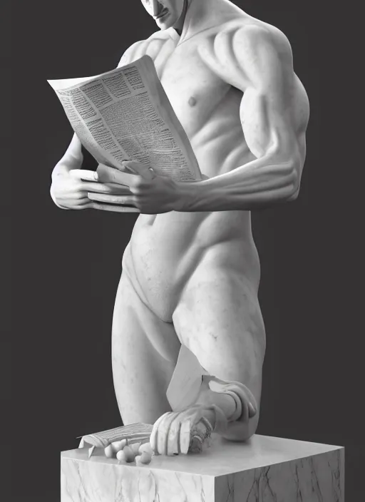 Image similar to a statue made of white marble with gold veins, of klay thompson reading the newspaper, full body shot, perfect symmetrical body, perfect symmetrical face, hyper realistic, hyper detailed, by johannen voss, by peter kemp, by monia merlo, by michelangelo, octane render, blender, 8 k