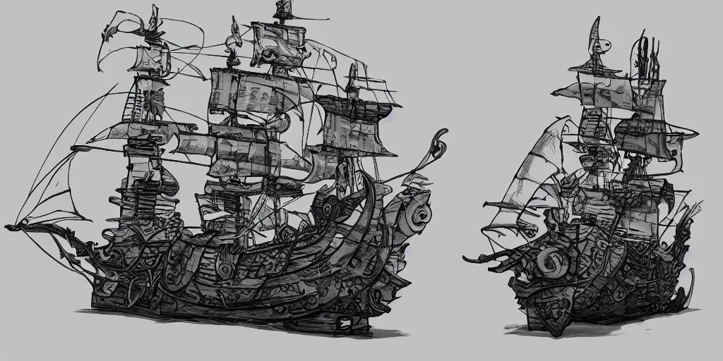 Prompt: a pirate ship, clean line art, drawing, sketching, kitbash 3 d, art by hebron ppg