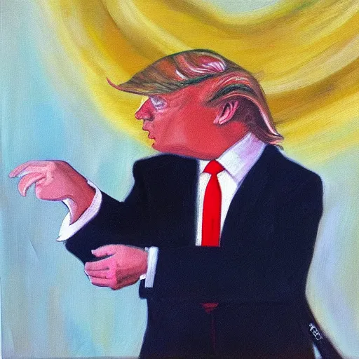 Image similar to “ Donald Trump in a tutu dancing with the devil, oil painting”