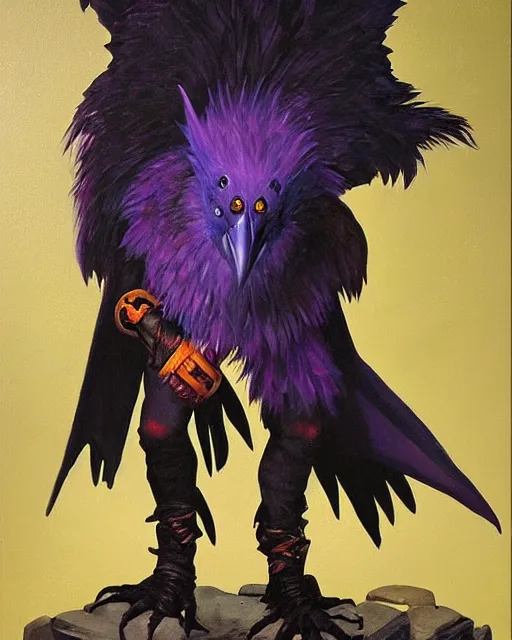 Prompt: dnd kenku person. epic dungeons and dragons fantasy raven character. oil on canvas featured by keith parkinson 1 9 8 5. cinematic, dynamic composition. realistic facial features and expression.