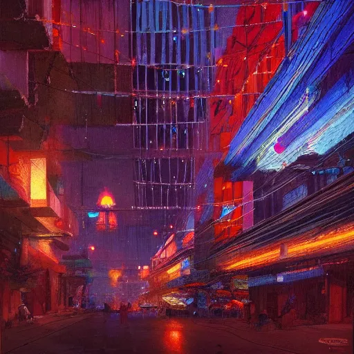 Prompt: Downtown Mexico, string lights, colorful lighting, night, by Tooth Wu, by Frank Lloyd Wright, by Greg Rutkowski