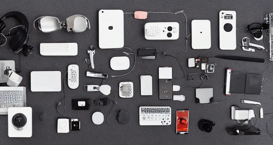 Prompt: a knolling of retro gadgets, overhead shot, flatlay