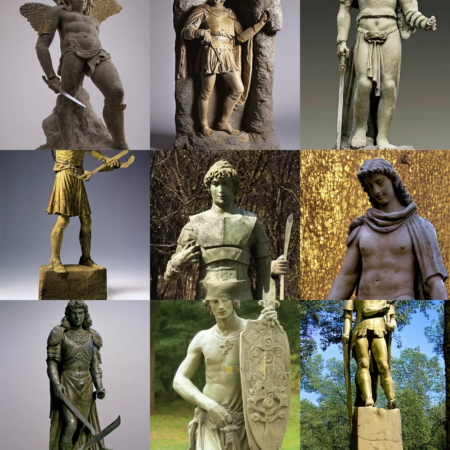 Prompt: stone statue of a twentisomething, young, handsome, 1 1 th century hungarian prince ( looks like dougray scott ), dressed in a [ [ 1 2 th century, golden armor with a sword ] ], ( ( ( in a dark, ancient, mystical, fairy forrest ) ) ) by donatello and michelangelo, in excalibur ( 1 9 8 1 )