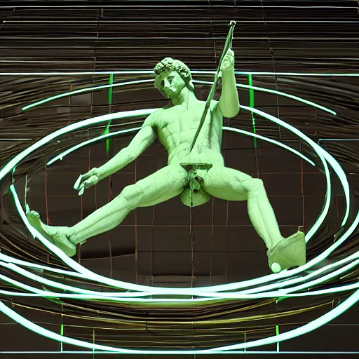 Image similar to a 3 d render of a neon ring around the statue of david statue, in the style of michelangelo