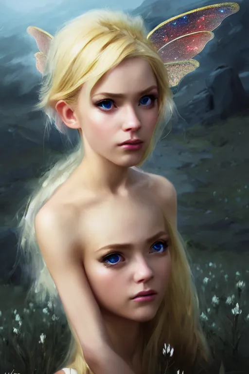 Image similar to cinematic shot of an epic portrait of a cute blonde fairy dressed in military clothes, stylised military clothes, shiny skin, beautiful eyes, beautiful, small details, night setting, realistic poster with volumetric light from craig mallism, artgerm, jeremy lipkin and michael garmash, unreal engine, radiant light, digital art, trends at art station, a masterpiece