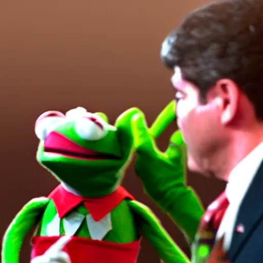 Prompt: joe biden puppeteering kermit the frog, still image, extreme detail, screenshot, 8 k, video footage, sharp