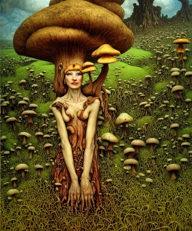 Prompt: A detailed funguswoman stands among the mushroom hills. Wearing a fungus and mushroom . Perfect faces, extremely high details, realistic, fantasy art, solo, masterpiece, art by Zdzisław Beksiński, Arthur Rackham, Dariusz Zawadzki, Edward Robert Hughes, Eugene de Blaas