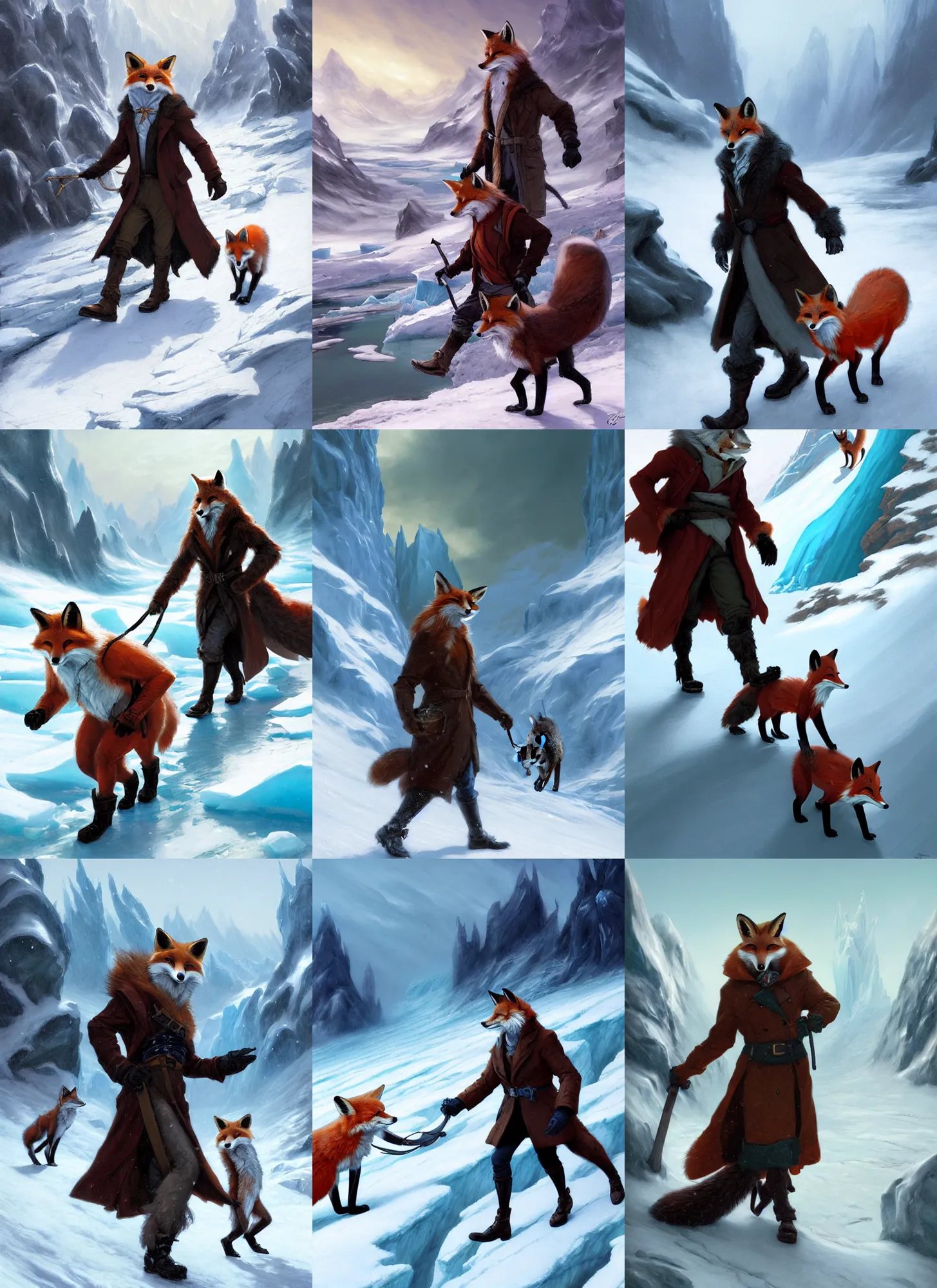 Prompt: an anthropomorphic fox man wearing a long coat walking another fox across a glacier, hands in pockets, blizzard, character illustration by Aaron Miller, Greg Rutkowski, thomas kinkade, Howard Pyle, disney, El Greco, Cynthia Sheppard