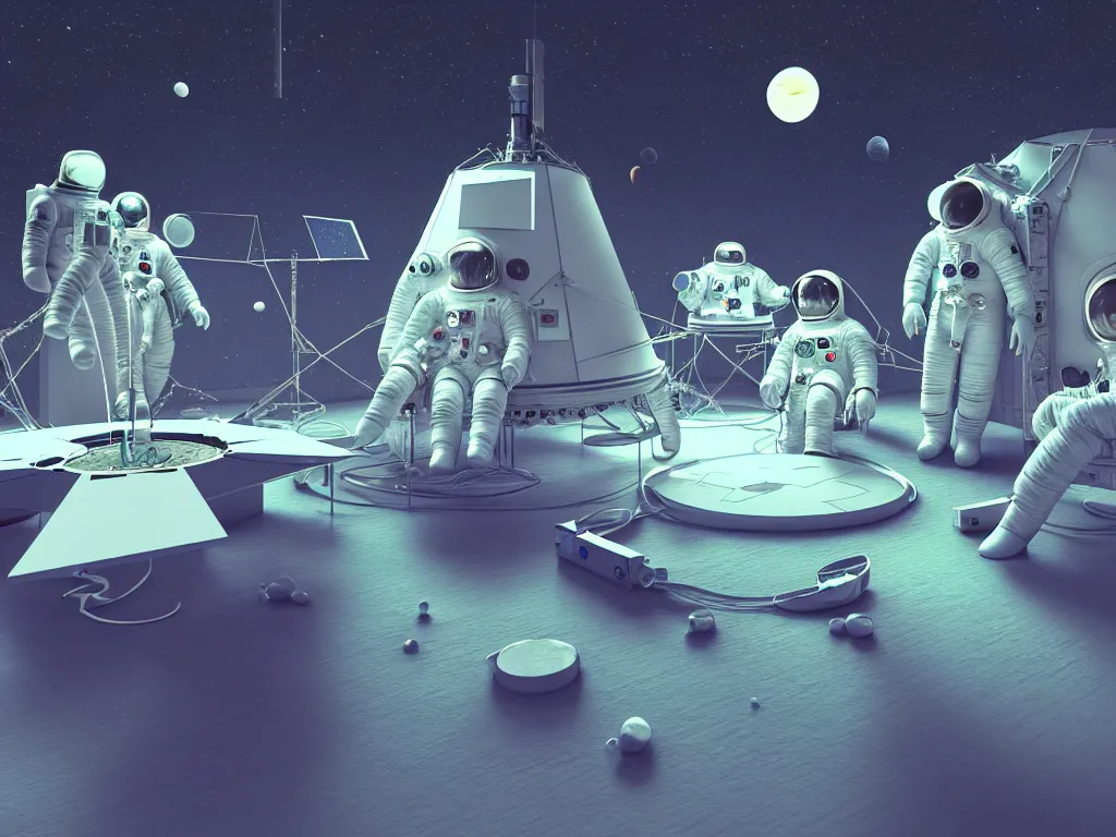 Image similar to a team of therapists calmly attend to an astronaut in a psychedelic therapy session, inside a midcentury modern architecture lunar module, on the surface of the moon, concept art, science fiction industrial hard science concept art, 8 k render octane high definition