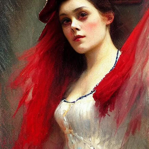 Image similar to Solomon Joseph Solomon and Richard Schmid and Jeremy Lipking victorian genre painting portrait painting of a young beautiful woman traditional exotic german french actress model pirate wench in fantasy costume, red background