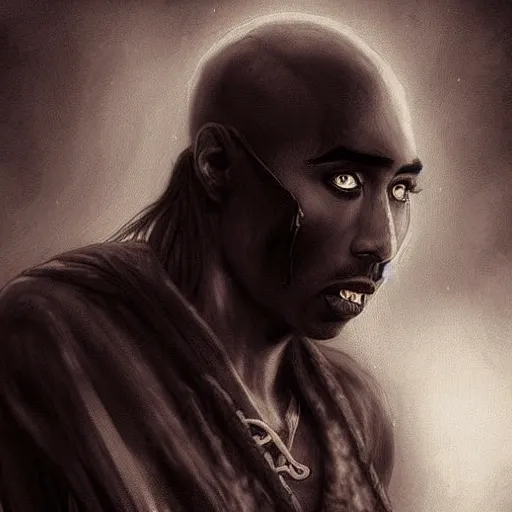 Prompt: 2 pac as a vampire, darkwave, darksynth, concept headshot art, sharp, digital matte painting, art by luis royo, greg rutkowski, wlop, dramatic lighting, trending on artstation