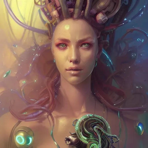 Image similar to a portrait of a beautiful cybernetic medusa, cyberpunk concept art by pete mohrbacher and wlop and artgerm and josan gonzales, digital art, highly detailed, intricate, sci-fi, sharp focus, Trending on Artstation HQ, deviantart, unreal engine 5, 4K UHD image