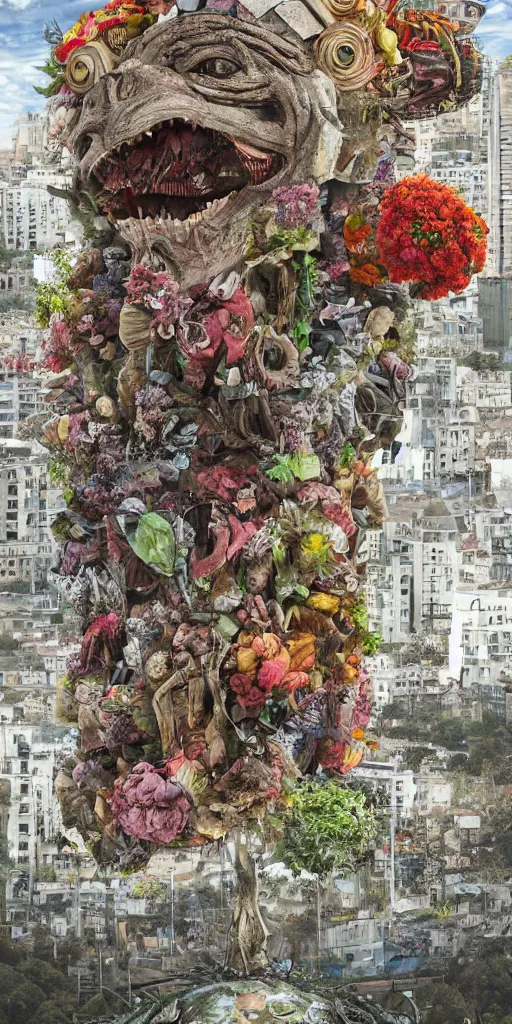 Image similar to giant grotesque flower in the middle of abandoned alien cityscape, ultradetailed by Giuseppe Arcimboldo and Josan Gonzalez