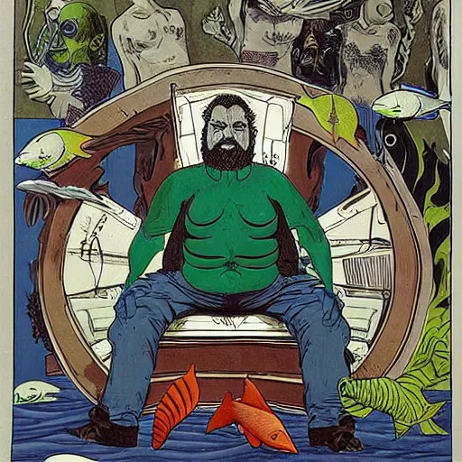 Prompt: by martin kippenberger, by steve dillon curvaceous, harrowing. a installation art of a mythological scene. large, bearded man seated on a throne, surrounded by sea creatures. he has a trident in one hand & a shield in the other. behind him is a large fish. in front of him are two smaller creatures.